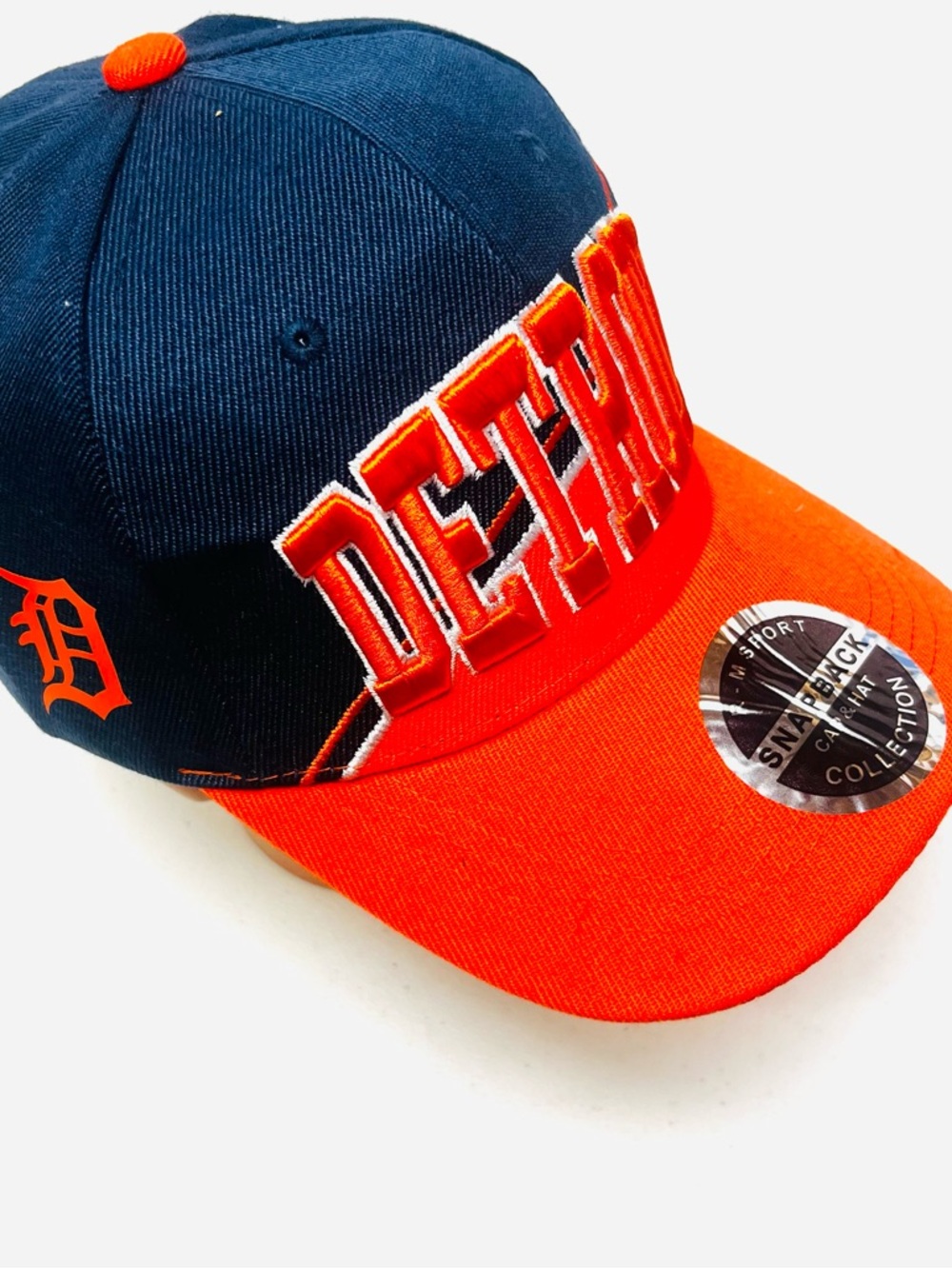 Detroit Snapback Cap in Navy & Orange